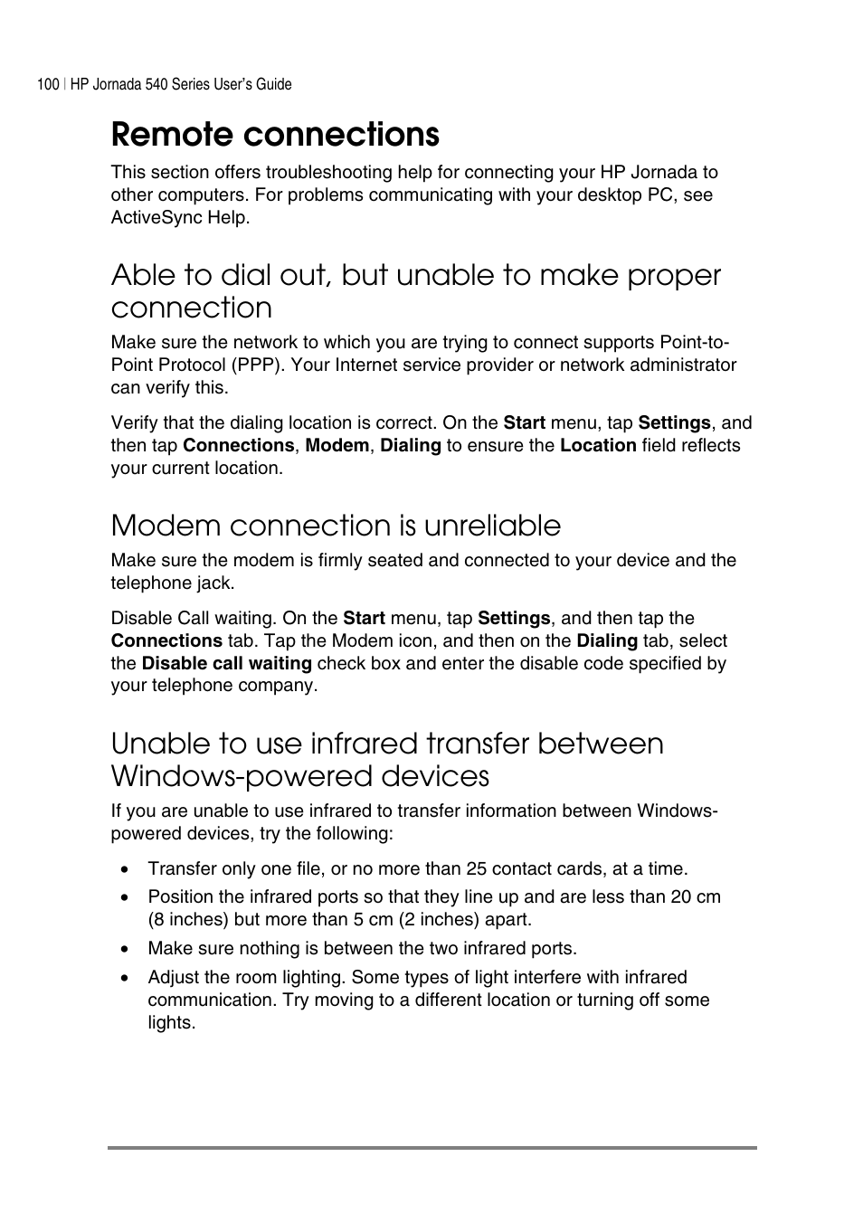 Remote connections, Modem connection is unreliable | HP Jornada 540 Series User Manual | Page 104 / 135