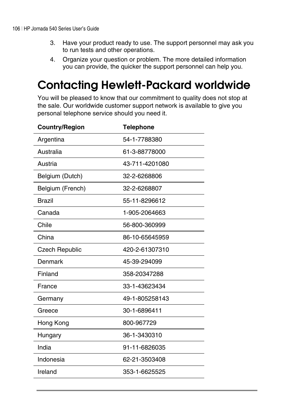 Contacting hewlett-packard worldwide | HP Jornada 540 Series User Manual | Page 110 / 135