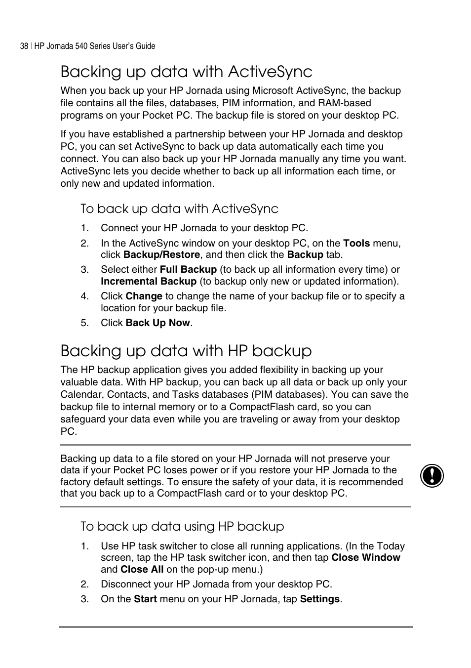 Backing up data with activesync, Backing up data with hp backup | HP Jornada 540 Series User Manual | Page 42 / 135