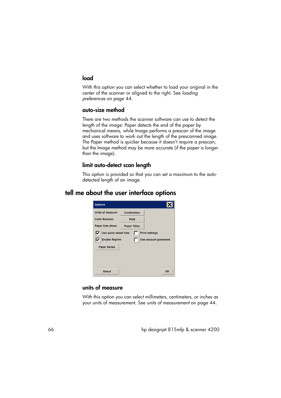 Load, Auto-size method, Limit auto-detect scan length | Tell me about the user interface options, Units of measure | HP 815MFP User Manual | Page 72 / 110