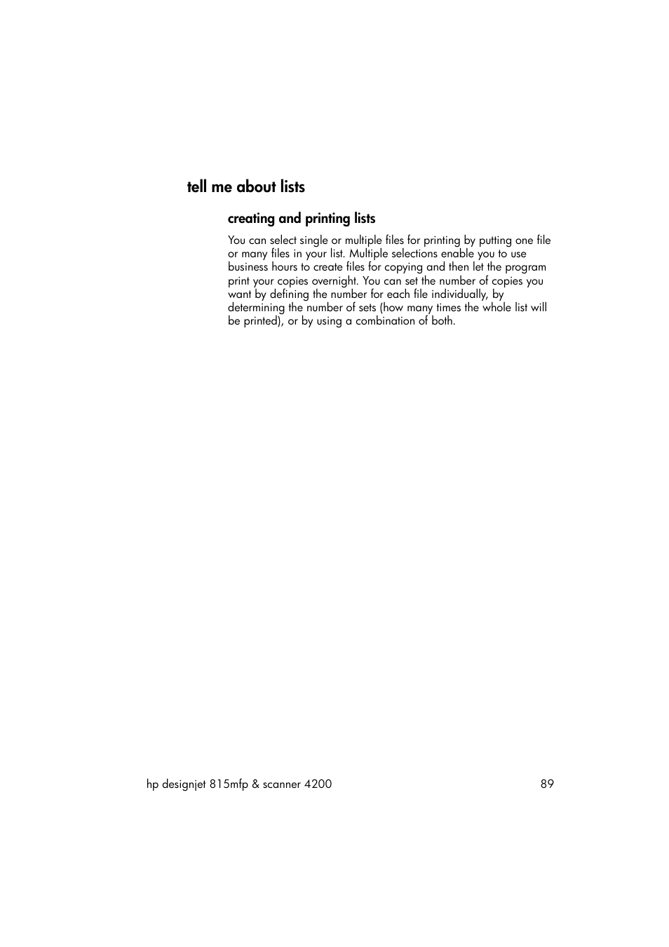 Tell me about lists, Creating and printing lists | HP 815MFP User Manual | Page 95 / 110