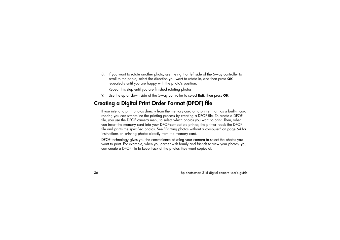 Creating a digital print order format (dpof) file | HP 315 User Manual | Page 36 / 112