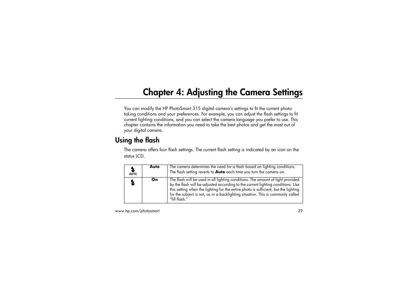 Chapter 4: adjusting the camera settings, Using the flash | HP 315 User Manual | Page 39 / 112
