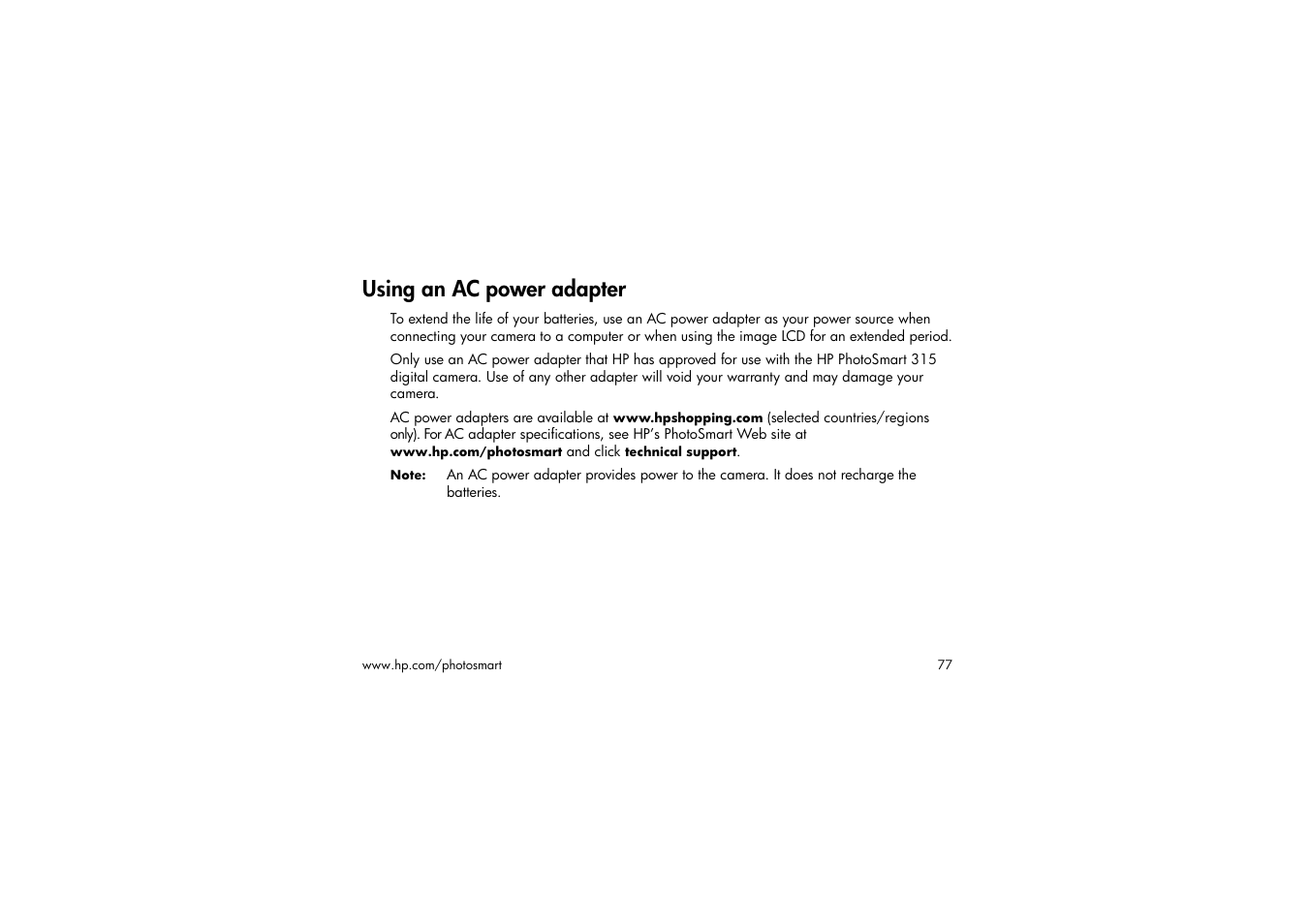 Using an ac power adapter | HP 315 User Manual | Page 77 / 112