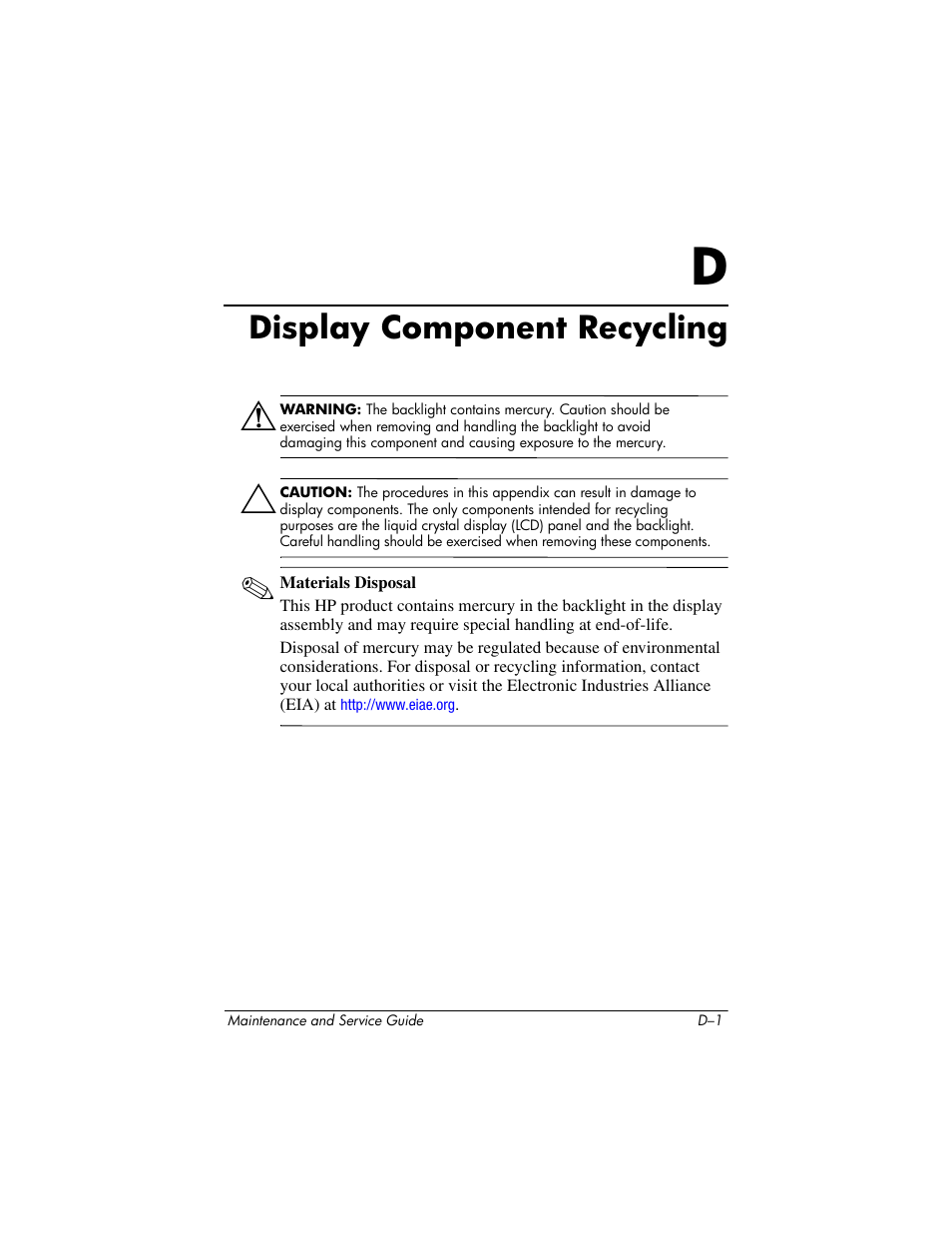 Display component recycling, D display component recycling | HP V4200 User Manual | Page 253 / 273