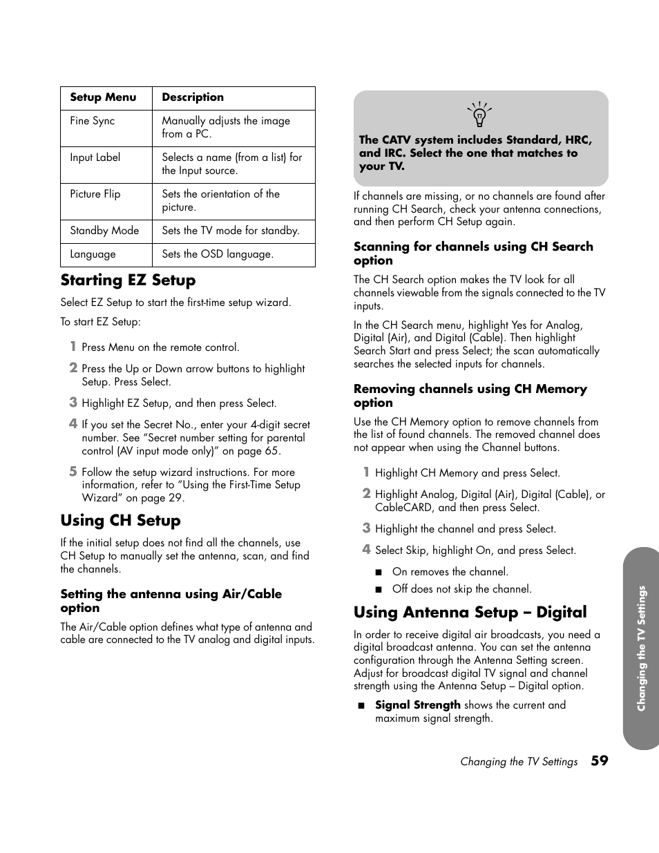 Starting ez setup, Using ch setup, Using antenna setup – digital | HP LC3700N User Manual | Page 69 / 118