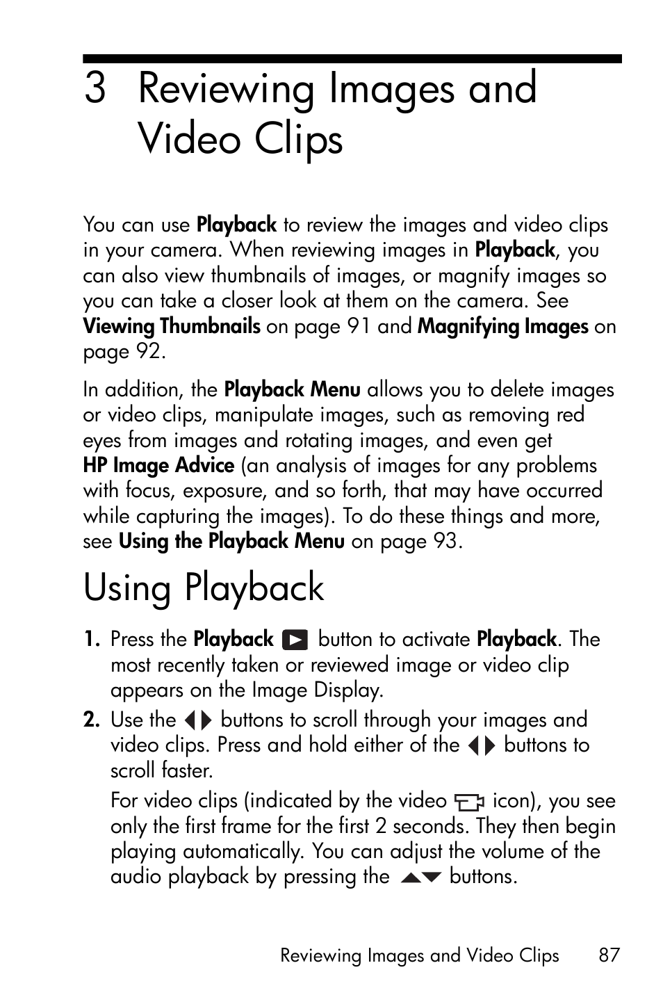 Reviewing images and video clips, Using playback, See chapter 3, reviewing images and video | 3 reviewing images and video clips | HP R717 User Manual | Page 87 / 217