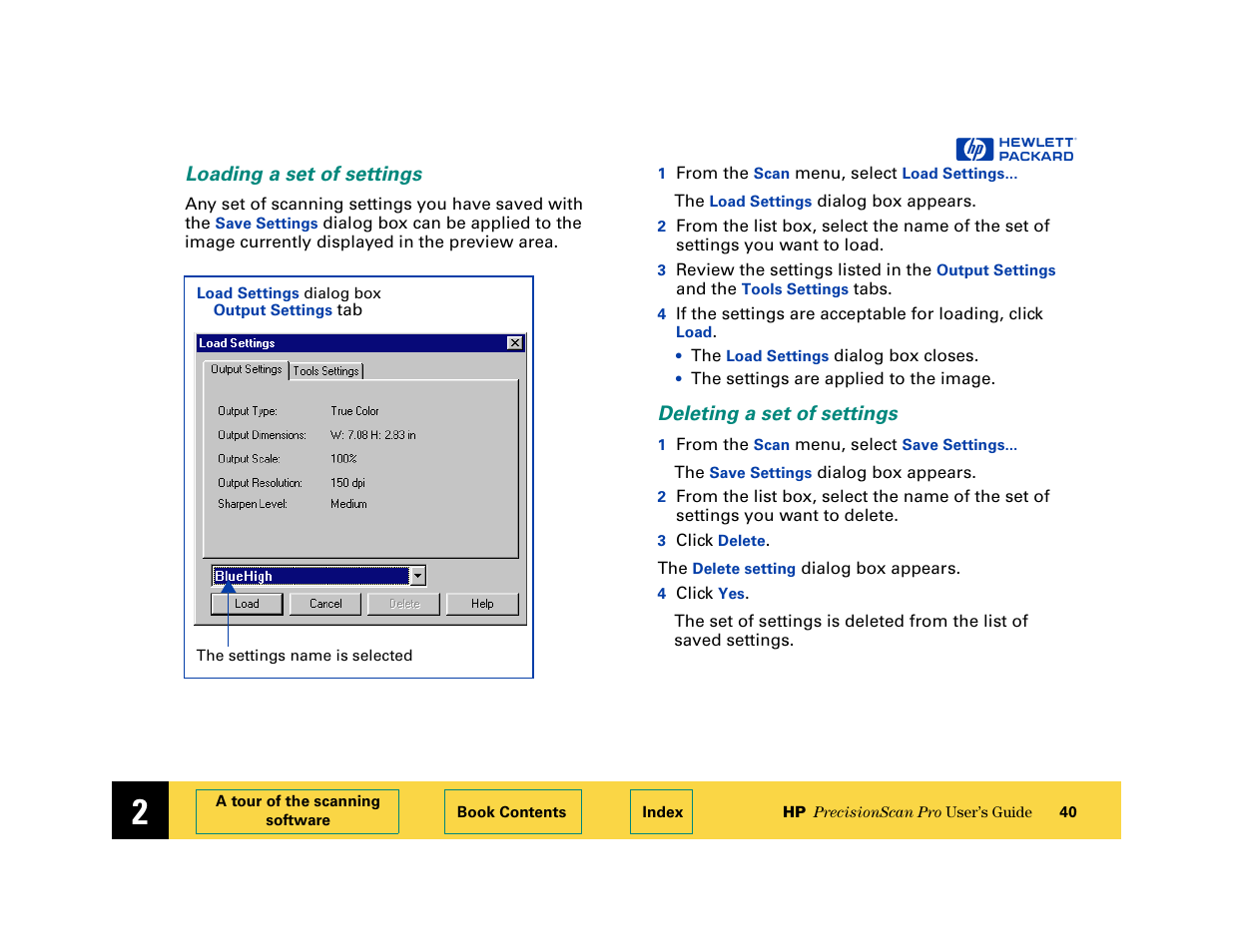 Loading a set of settings, Deleting a set of settings | HP 6200C User Manual | Page 40 / 110