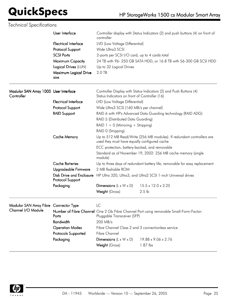 Quickspecs, Hp storageworks 1500 cs modular smart array | HP 1500 cs User Manual | Page 25 / 26