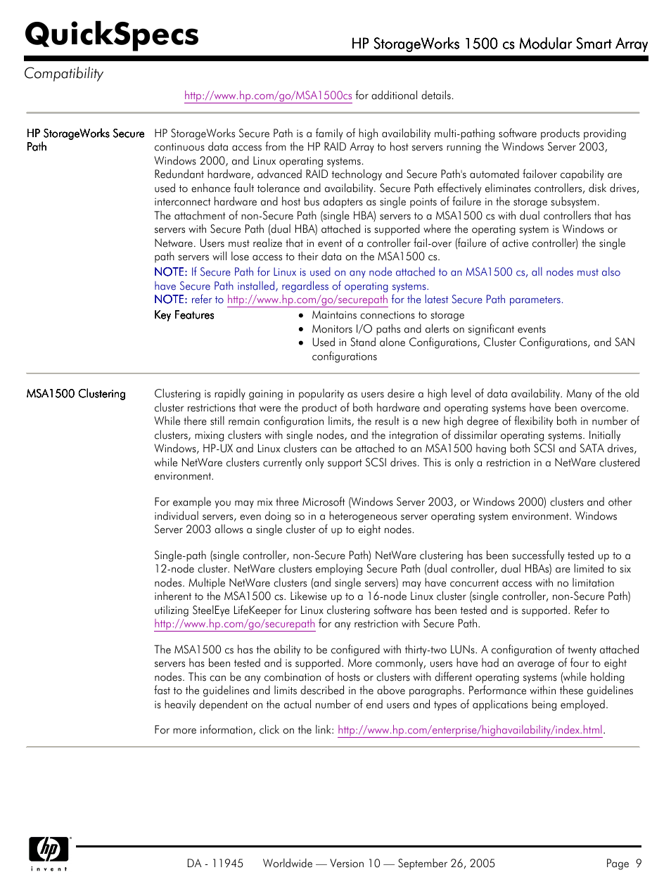 Quickspecs, Hp storageworks 1500 cs modular smart array | HP 1500 cs User Manual | Page 9 / 26