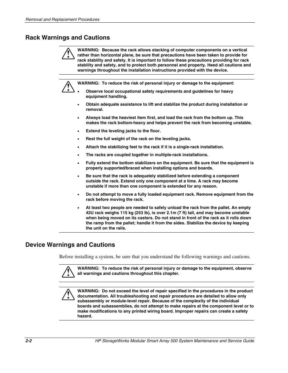 Rack warnings and cautions, Device warnings and cautions, Rack warnings and cautions -2 | Device warnings and cautions -2 | HP StorageWorks Modular Smart Array 500 System User Manual | Page 10 / 46