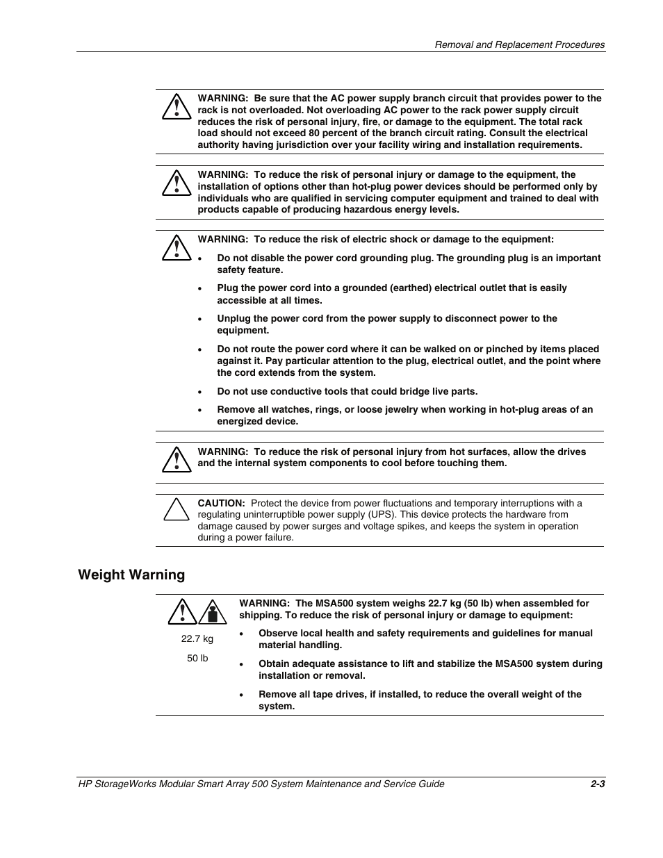 Weight warning, Weight warning -3 | HP StorageWorks Modular Smart Array 500 System User Manual | Page 11 / 46