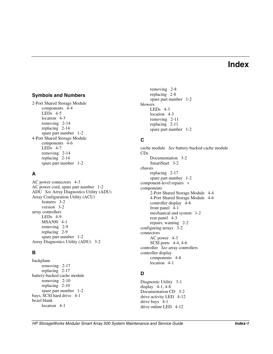 Index | HP StorageWorks Modular Smart Array 500 System User Manual | Page 44 / 46