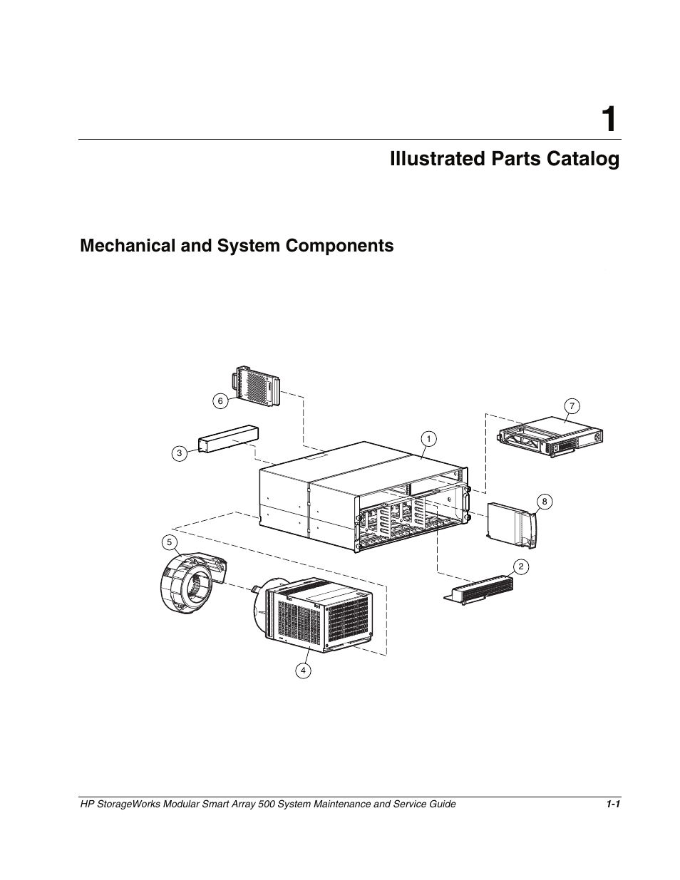 Chapter 1: illustrated parts catalog, Mechanical and system components, Chapter 1 | Illustrated parts catalog, Mechanical and system components -1 | HP StorageWorks Modular Smart Array 500 System User Manual | Page 7 / 46