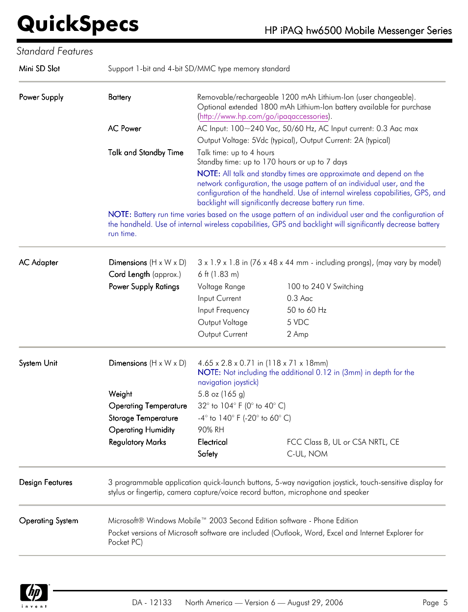 Quickspecs, Hp ipaq hw6500 mobile messenger series | HP HW6500 User Manual | Page 5 / 11