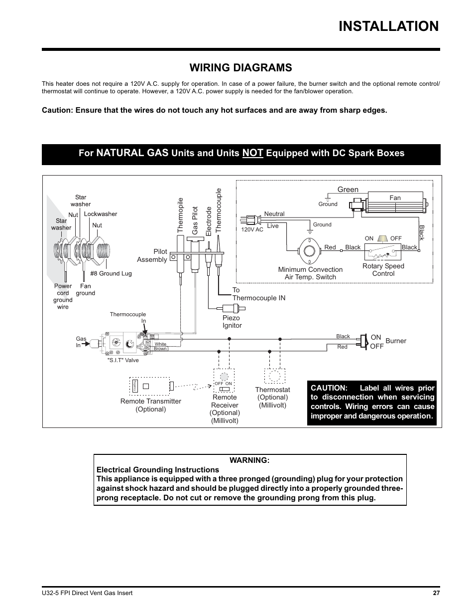 Installation, Wiring diagrams, Natural gas | Units and units, Equipped with dc spark boxes | Hampton Direct U32 User Manual | Page 27 / 40