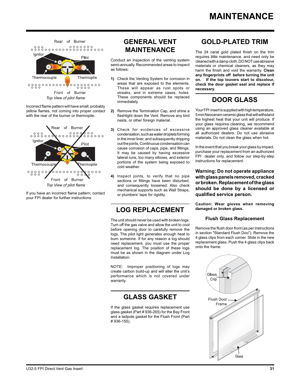 Maintenance, General vent maintenance, Log replacement | Glass gasket, Gold-plated trim, Door glass | Hampton Direct U32 User Manual | Page 31 / 40