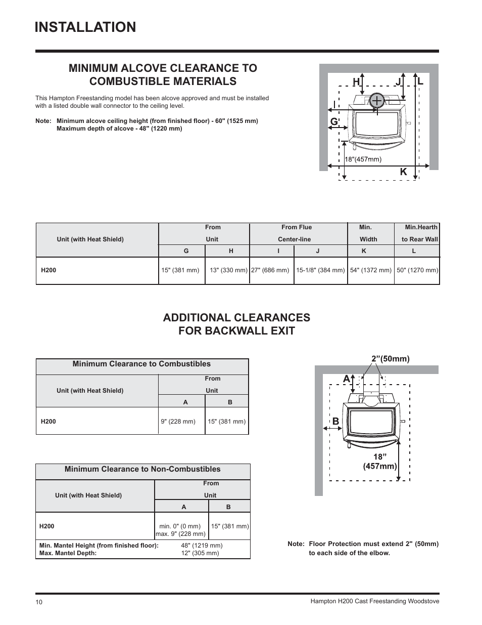 Installation, Minimum alcove clearance to combustible materials, Additional clearances for backwall exit | Hampton Direct H200 User Manual | Page 10 / 36