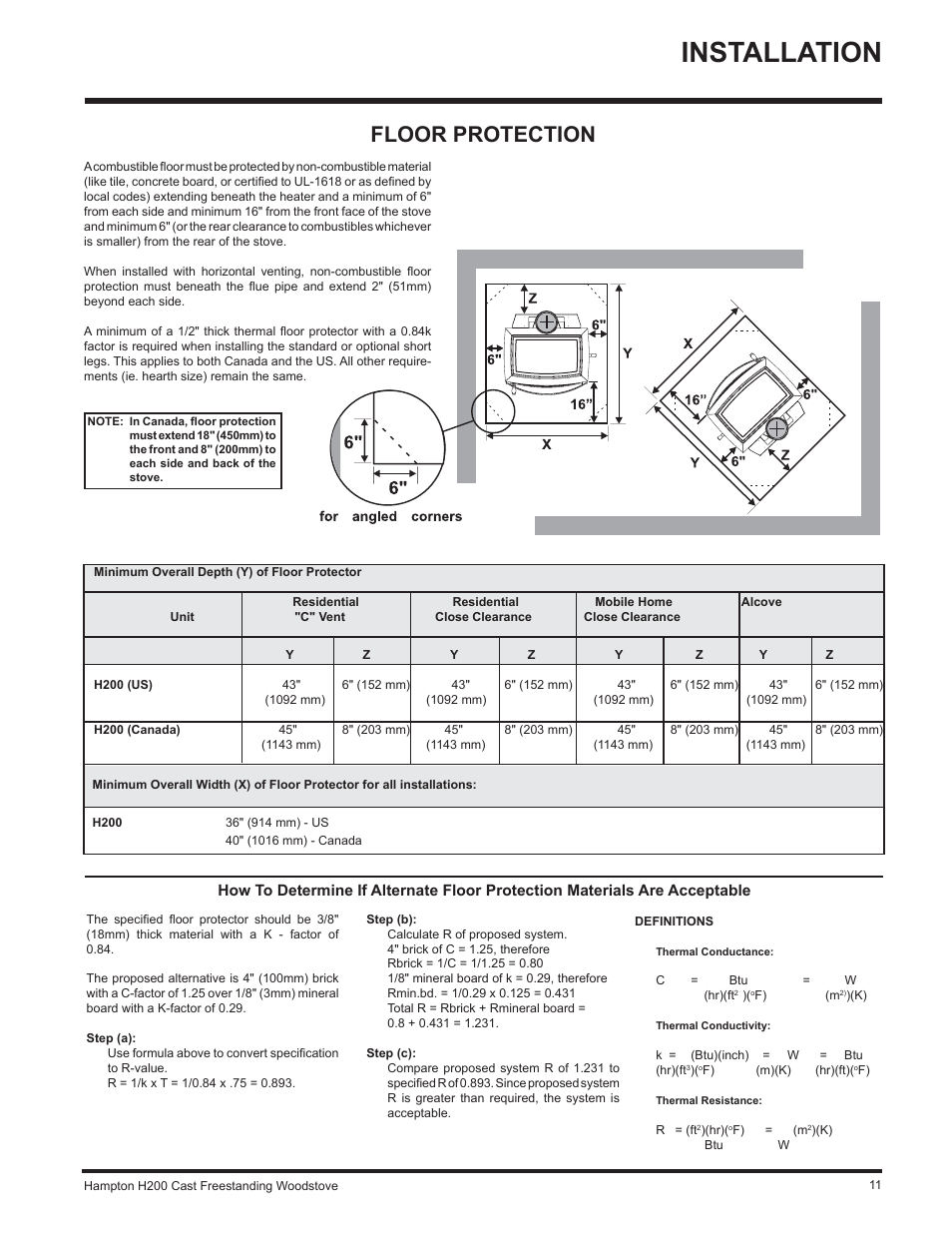 Installation, Floor protection | Hampton Direct H200 User Manual | Page 11 / 36