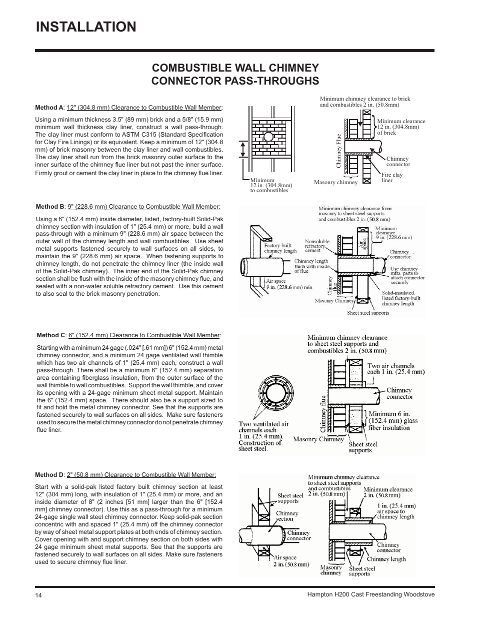 Installation, Combustible wall chimney connector pass-throughs | Hampton Direct H200 User Manual | Page 14 / 36