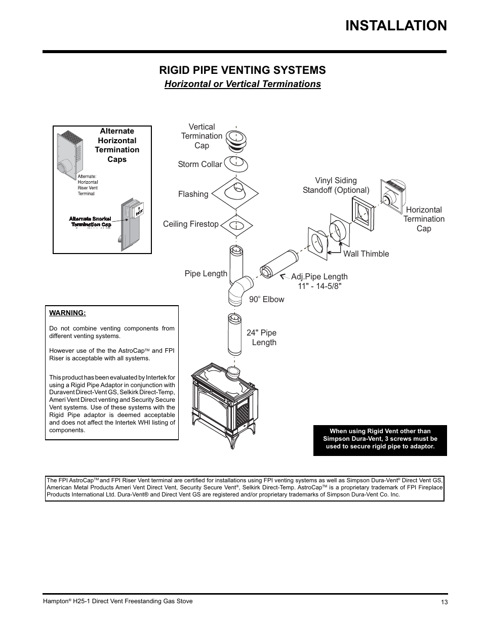 Installation, Rigid pipe venting systems, Horizontal or vertical terminations | Hampton Direct H25-NG1 User Manual | Page 13 / 44