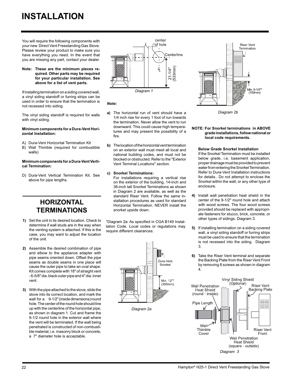 Installation, Horizontal terminations | Hampton Direct H25-NG1 User Manual | Page 22 / 44