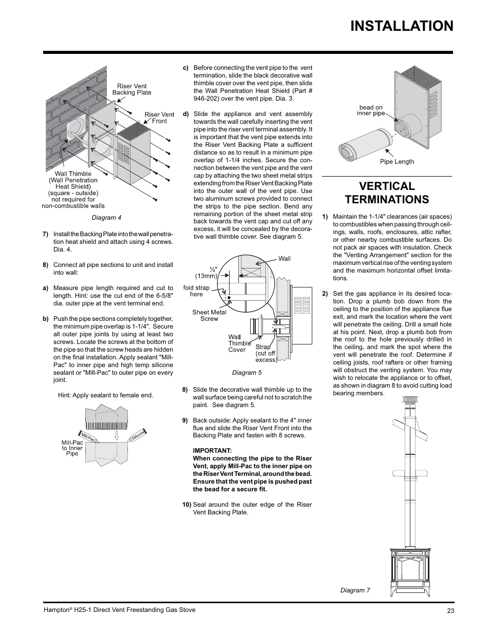 Installation, Vertical terminations | Hampton Direct H25-NG1 User Manual | Page 23 / 44