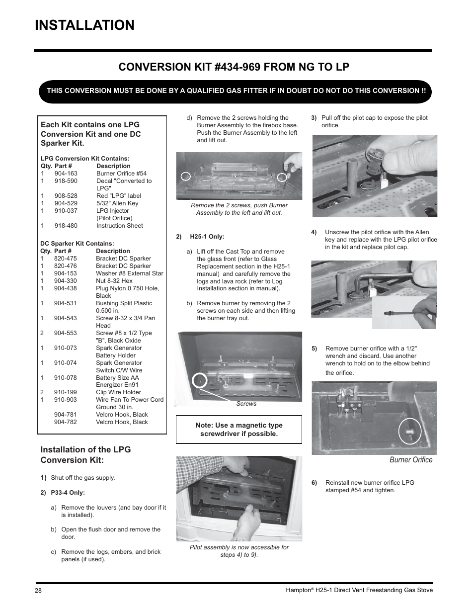 Installation, Installation of the lpg conversion kit, Burner oriﬁ ce | Hampton Direct H25-NG1 User Manual | Page 28 / 44