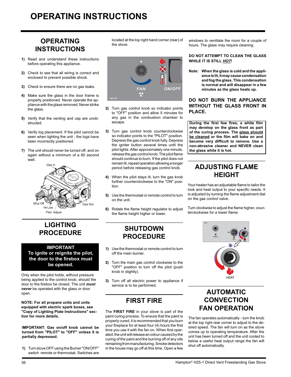 Operating instructions, Automatic convection fan operation, Adjusting flame height | Shutdown procedure, First fire, Lighting procedure | Hampton Direct H25-NG1 User Manual | Page 36 / 44
