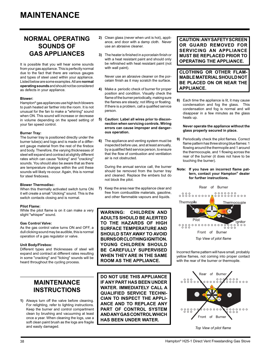 Maintenance, Maintenance instructions, Normal operating sounds of gas appliances | Hampton Direct H25-NG1 User Manual | Page 38 / 44