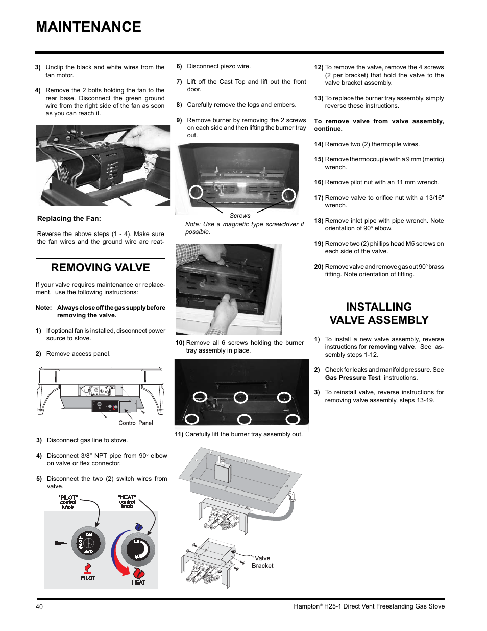 Maintenance, Removing valve, Installing valve assembly | Hampton Direct H25-NG1 User Manual | Page 40 / 44