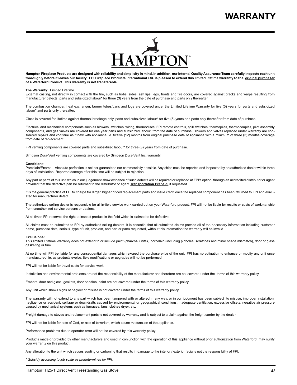 Warranty | Hampton Direct H25-NG1 User Manual | Page 43 / 44