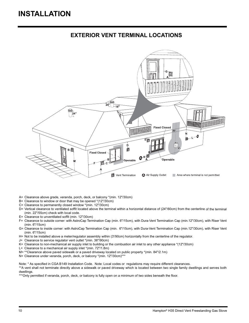 Installation, Exterior vent terminal locations | Hampton Direct H35-NG1 User Manual | Page 10 / 48