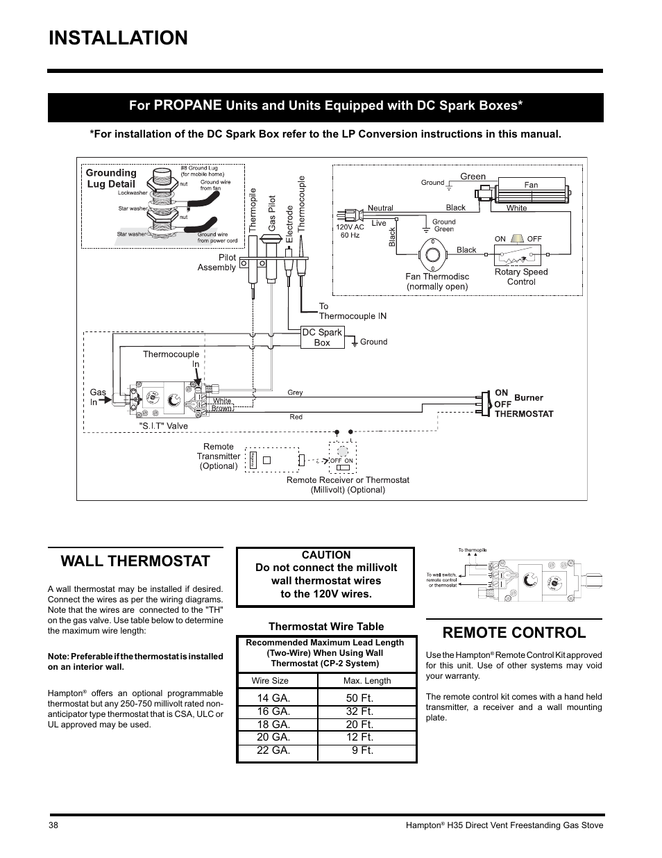 Installation, Remote control, Wall thermostat | Propane, Units and units equipped with dc spark boxes | Hampton Direct H35-NG1 User Manual | Page 38 / 48