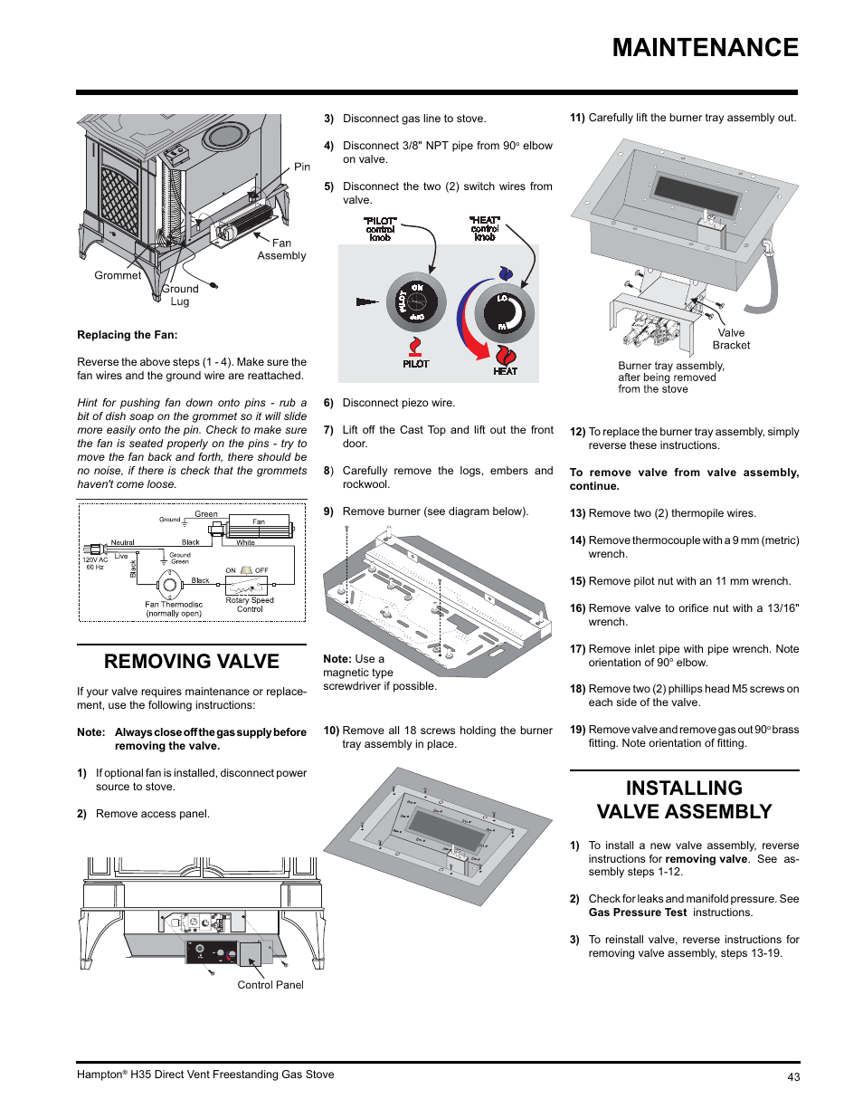 Maintenance, Removing valve, Installing valve assembly | Hampton Direct H35-NG1 User Manual | Page 43 / 48