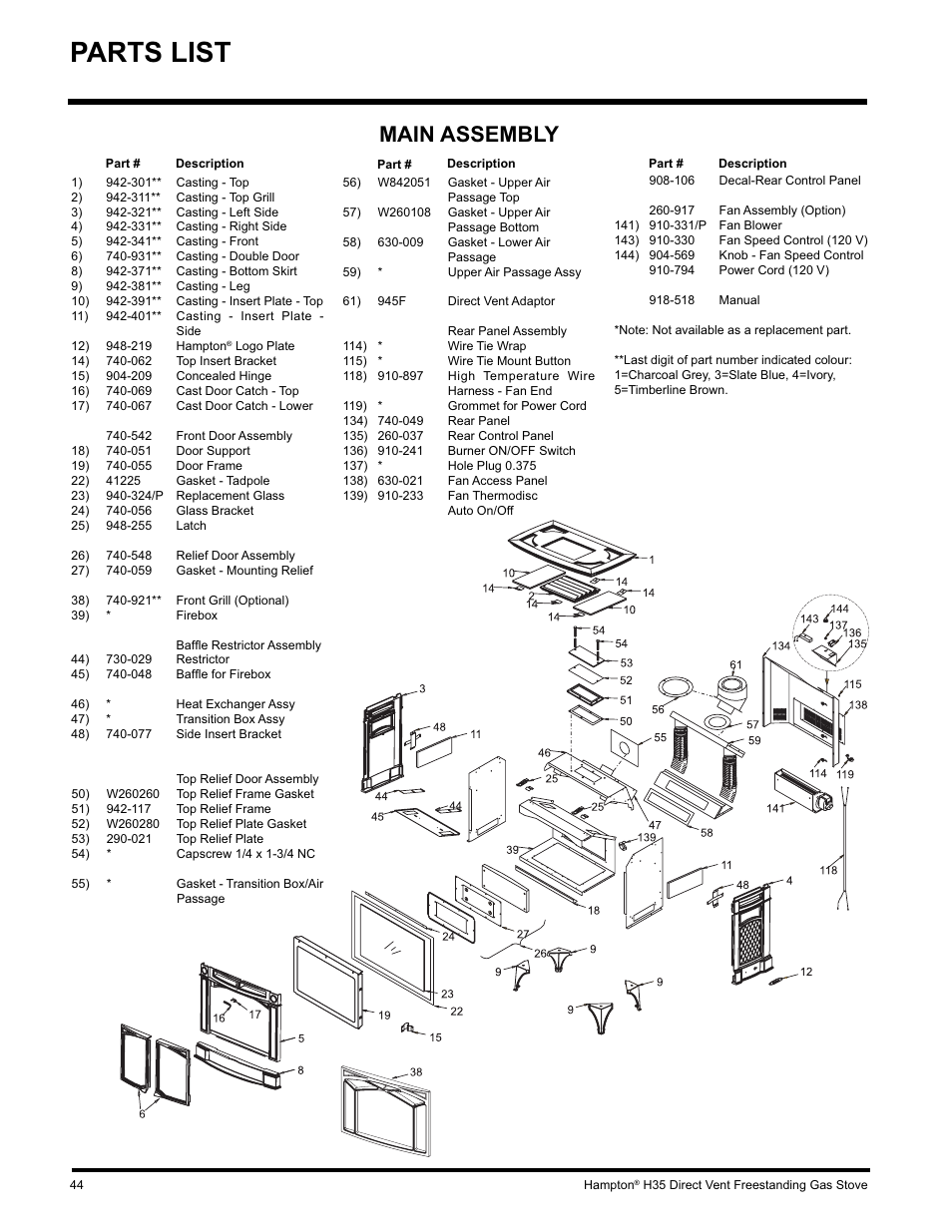 Parts list, Main assembly | Hampton Direct H35-NG1 User Manual | Page 44 / 48