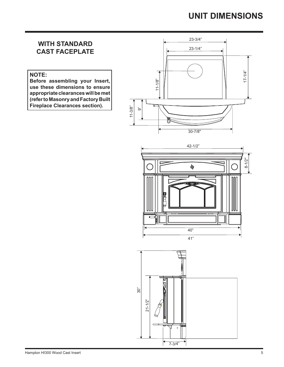 Unit dimensions, With standard cast faceplate | Hampton Direct HI300 User Manual | Page 5 / 32