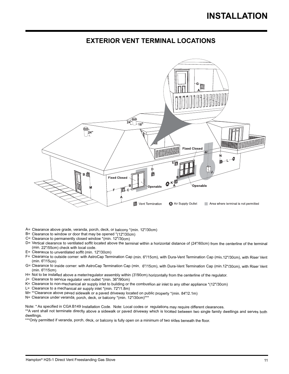 Installation, Exterior vent terminal locations | Hampton Direct H25-NG1 User Manual | Page 11 / 48