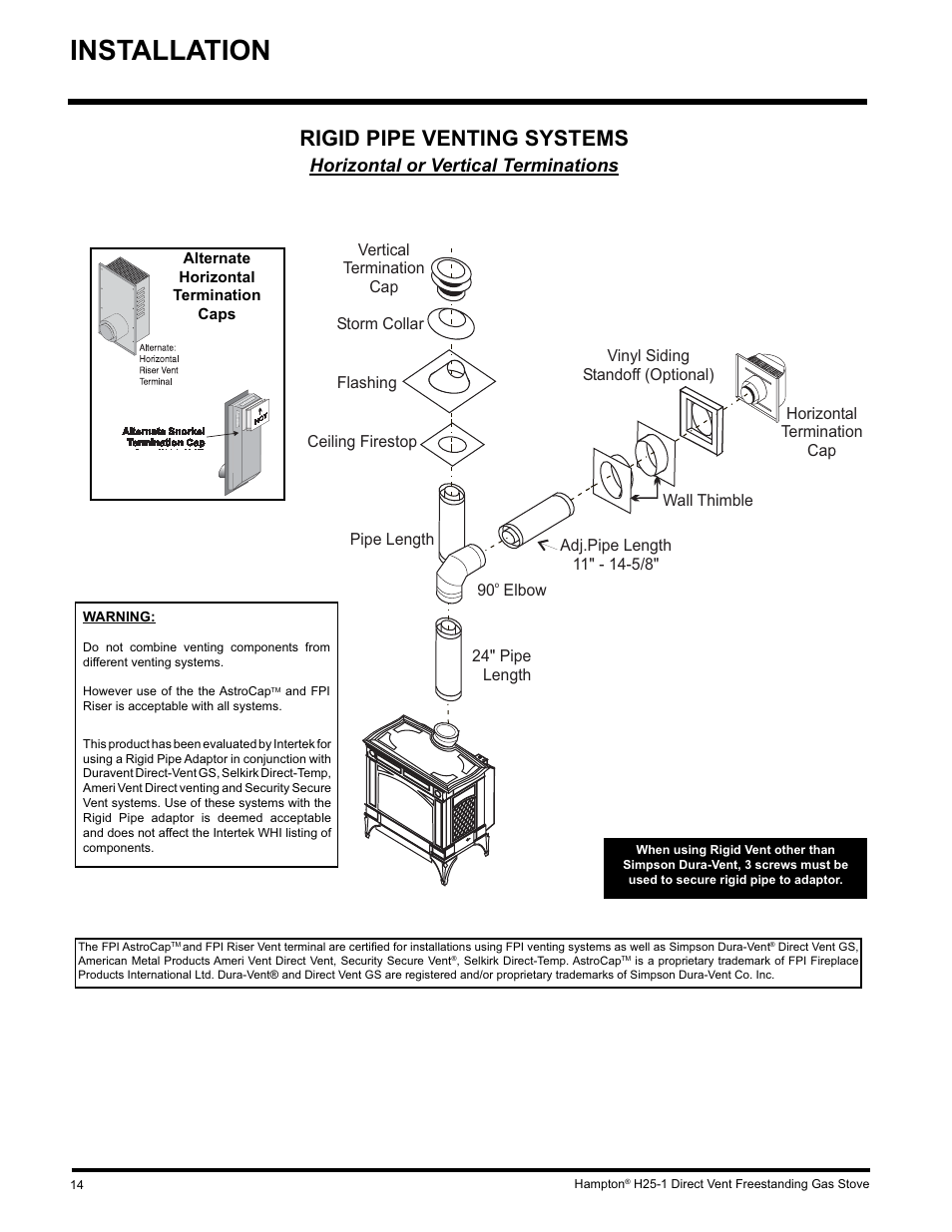 Installation, Rigid pipe venting systems, Horizontal or vertical terminations | Hampton Direct H25-NG1 User Manual | Page 14 / 48