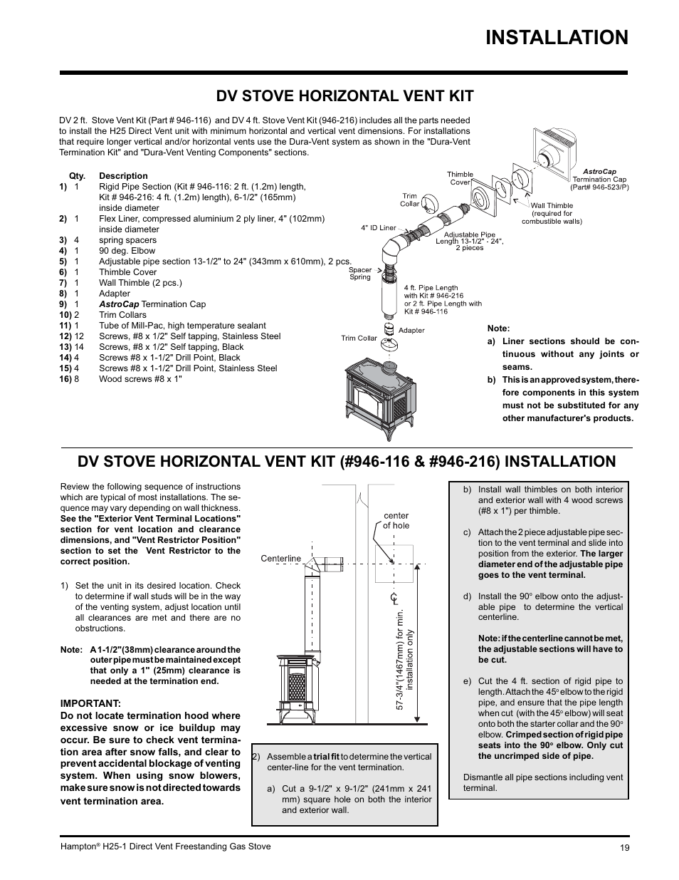 Installation, Dv stove horizontal vent kit | Hampton Direct H25-NG1 User Manual | Page 19 / 48