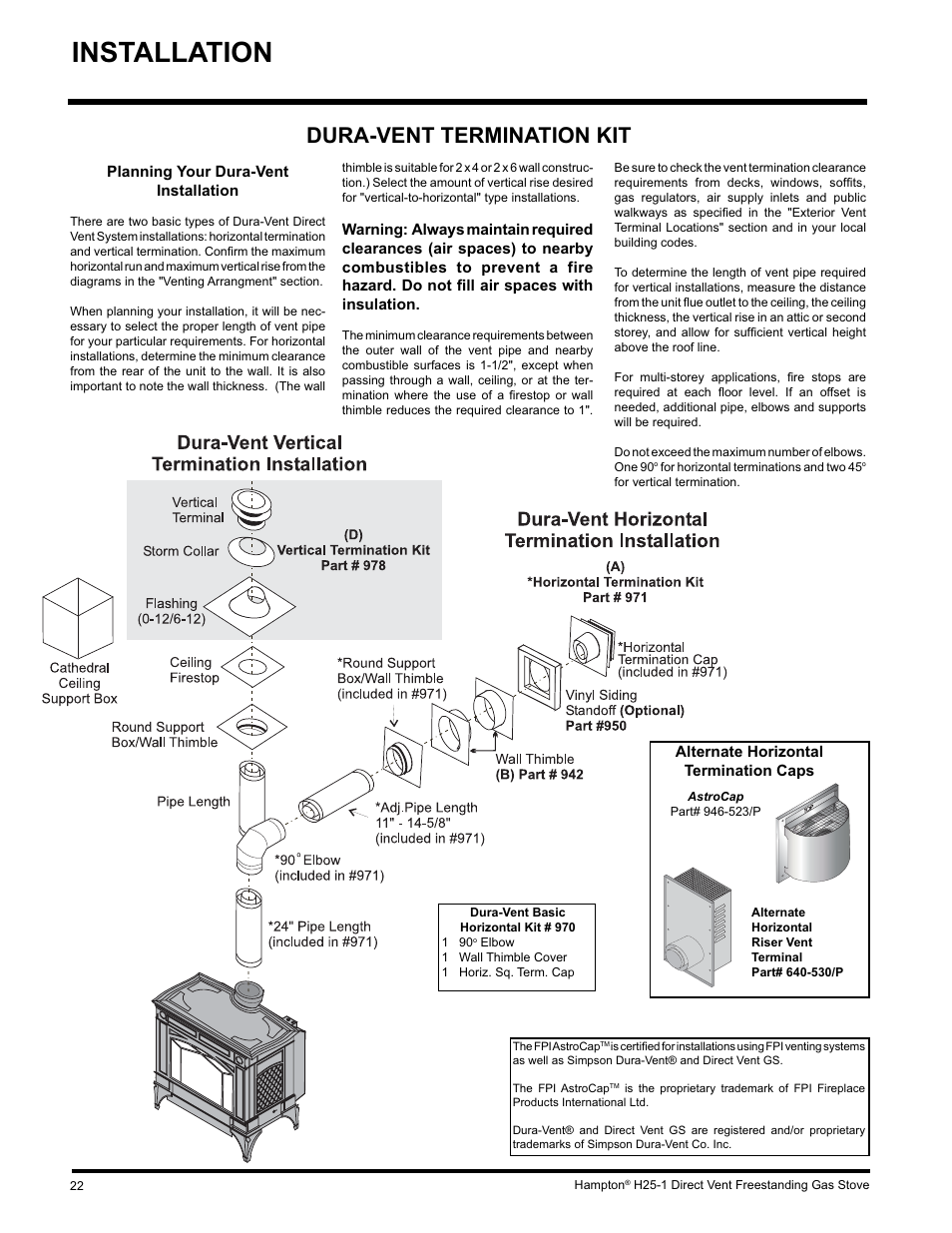 Installation, Dura-vent termination kit | Hampton Direct H25-NG1 User Manual | Page 22 / 48