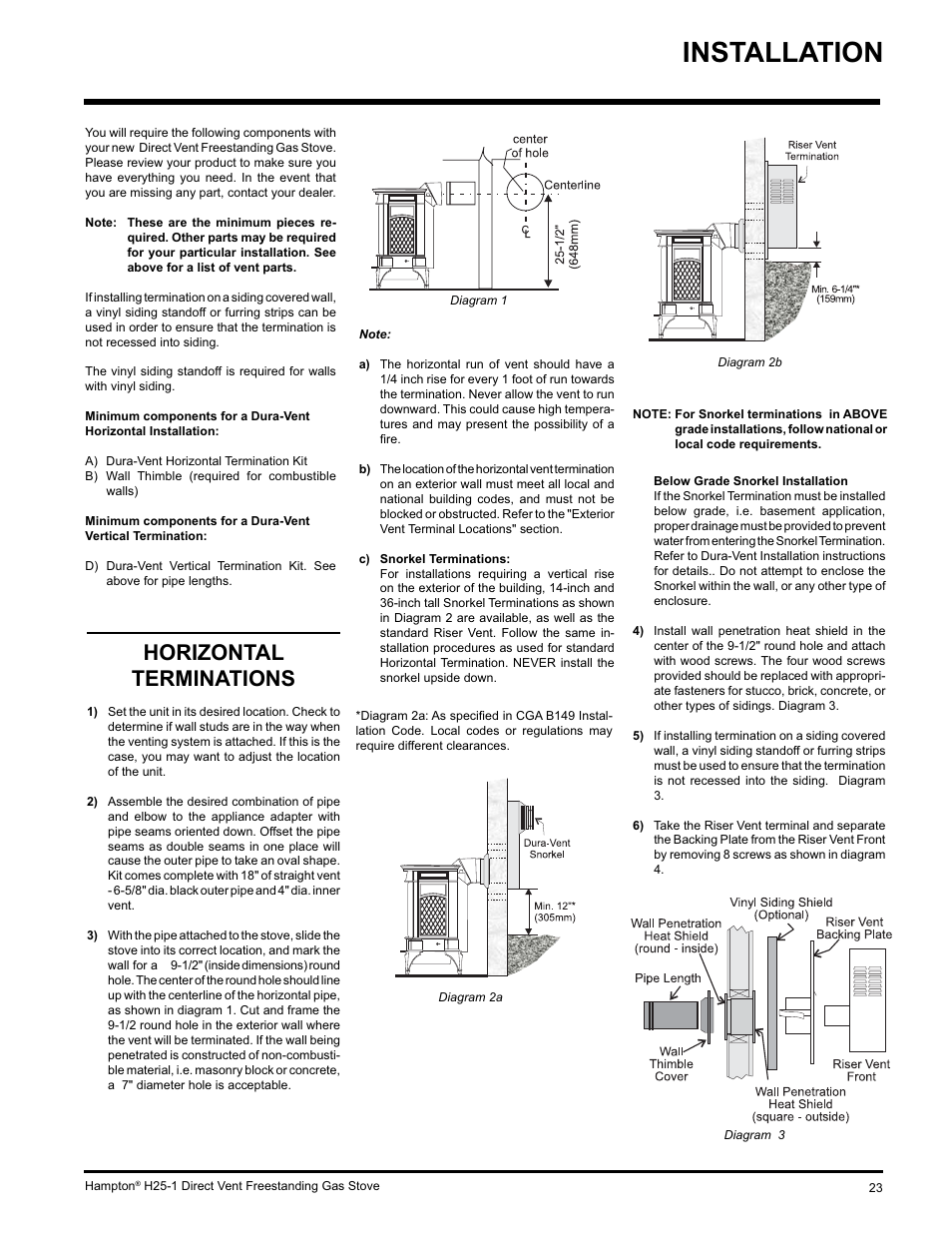 Installation, Horizontal terminations | Hampton Direct H25-NG1 User Manual | Page 23 / 48