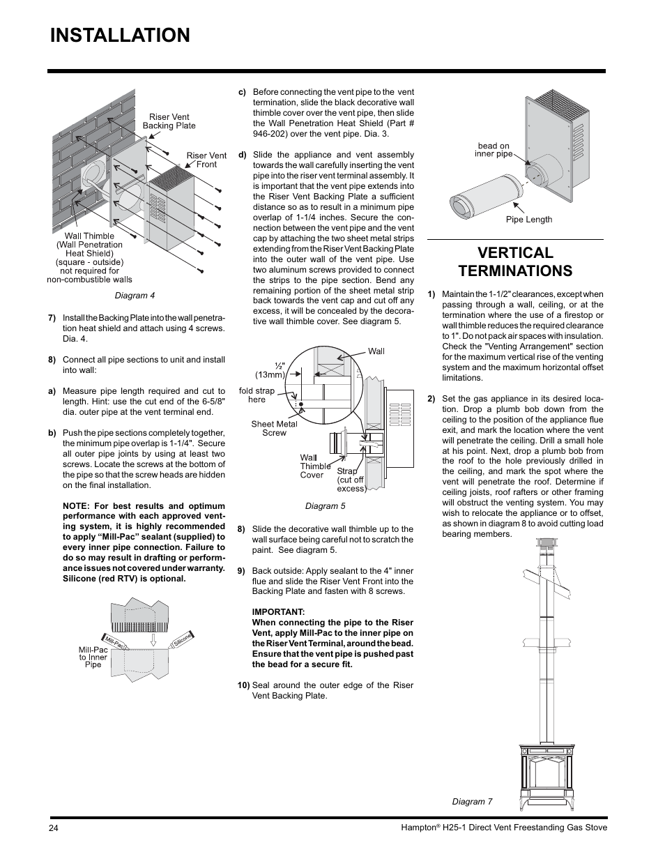 Installation, Vertical terminations | Hampton Direct H25-NG1 User Manual | Page 24 / 48