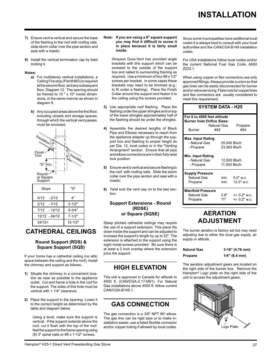 Installation, Aeration adjustment, High elevation | Gas connection, Cathedral ceilings | Hampton Direct H25-NG1 User Manual | Page 27 / 48