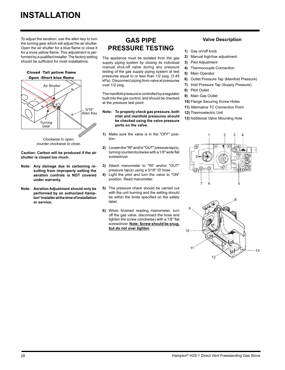 Installation, Gas pipe pressure testing | Hampton Direct H25-NG1 User Manual | Page 28 / 48