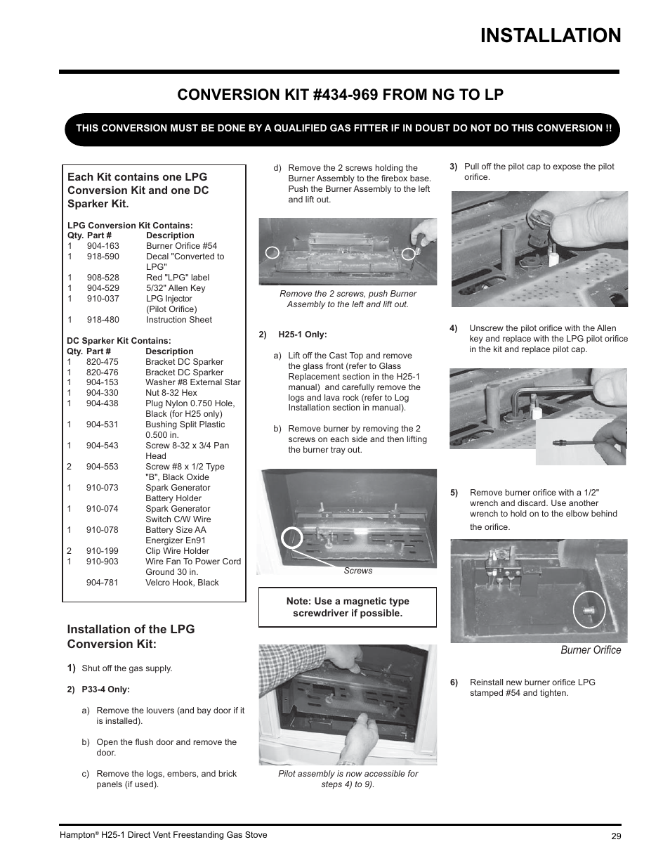 Installation, Installation of the lpg conversion kit, Burner oriﬁ ce | Hampton Direct H25-NG1 User Manual | Page 29 / 48