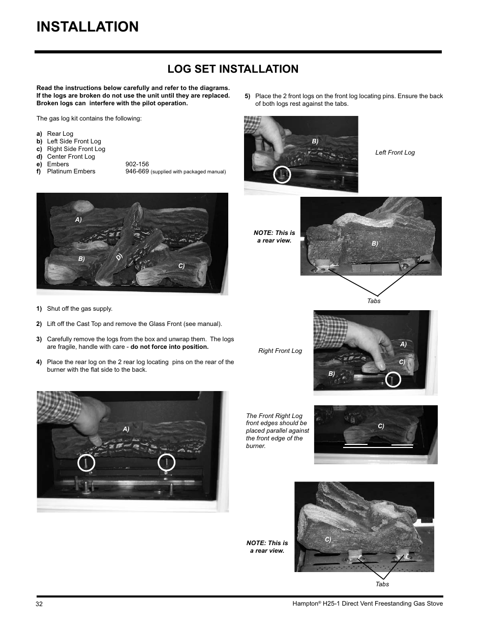 Installation, Log set installation | Hampton Direct H25-NG1 User Manual | Page 32 / 48