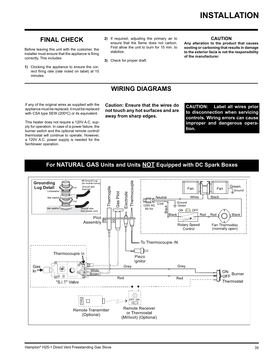 Installation, Wiring diagrams, Final check | Natural gas, Units and units, Equipped with dc spark boxes | Hampton Direct H25-NG1 User Manual | Page 35 / 48