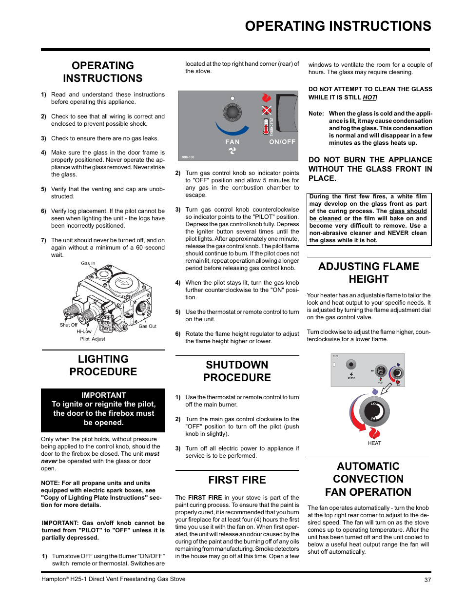 Operating instructions, Automatic convection fan operation, Adjusting flame height | Shutdown procedure, First fire, Lighting procedure | Hampton Direct H25-NG1 User Manual | Page 37 / 48