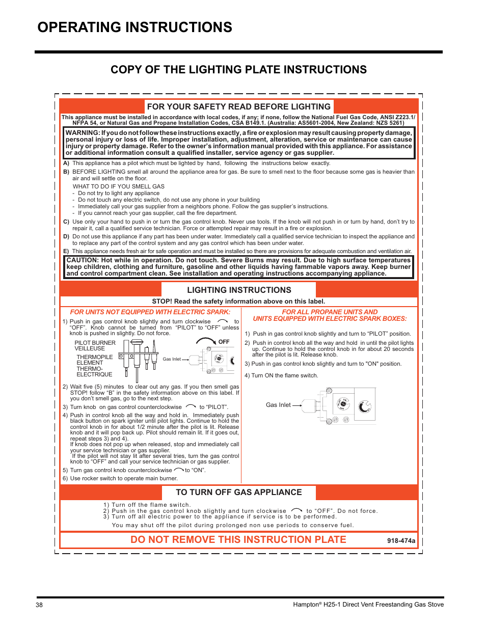 Operating instructions, Copy of the lighting plate instructions, Do not remove this instruction plate | For your safety read before lighting, Lighting instructions to turn off gas appliance | Hampton Direct H25-NG1 User Manual | Page 38 / 48